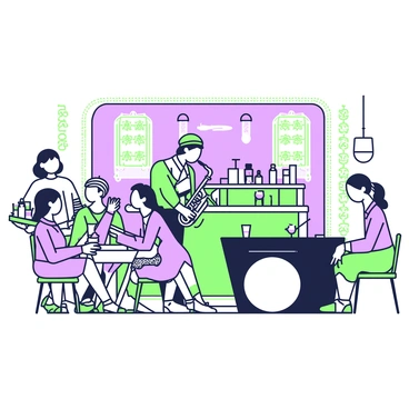An underground speakeasy is dimly lit, filled with people sitting at small tables. In the center, a band plays jazz music, featuring a saxophonist and a pianist, both deeply focused on their performance. Patrons are engaged in conversation, some leaning in closely while holding drinks in their hands. Along the walls, there are intricate green and purple designs that add to the ambiance. A waiter moves between tables, balancing a tray with several drinks. In the background, a vintage bar is stocked with various bottles, and a large, ornate mirror reflects the lively scene.