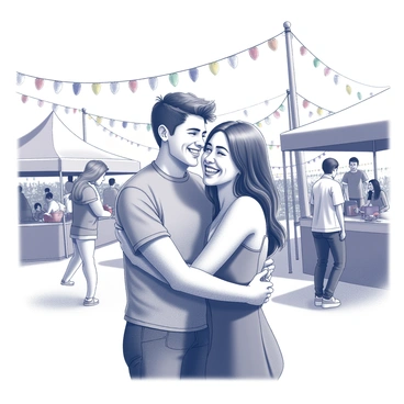 Two friends embrace each other joyfully during an outdoor festival. The scene is lively, with various festival decorations and details surrounding them. There are colorful banners and string lights overhead, creating a festive atmosphere. People can be seen in the background, engaging in various activities, adding to the sense of celebration. The two friends are smiling, capturing a moment of happiness and camaraderie in the midst of the vibrant festivities.