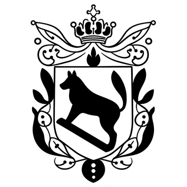 A medieval coat of arms prominently features a fierce wolf as the central emblem, depicted in a striking pose. The wolf is shown in profile, with its body slightly arched and its tail raised, conveying a sense of power and majesty. Around the wolf, there are ornate heraldic designs, including intricate filigree and patterns that enhance the overall composition. Above the wolf, a decorative crest is present, adding to the nobility of the coat of arms. The background is adorned with shapes and textures that further emphasize the medieval theme, creating a rich and detailed representation.