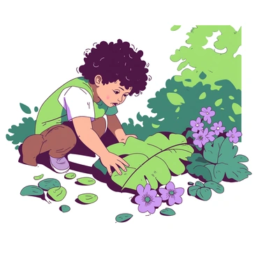 A young child with curly hair is exploring a vibrant outdoor setting during a nature walk. The child is crouched down, gently touching various leaves and flowers scattered around. The child’s hands are reaching out to a large green leaf with droplets of water, while nearby, a cluster of delicate purple flowers is in full bloom. The child’s face shows curiosity and wonder as they experience the different textures. Sunlight filters through the trees, casting playful shadows on the ground.