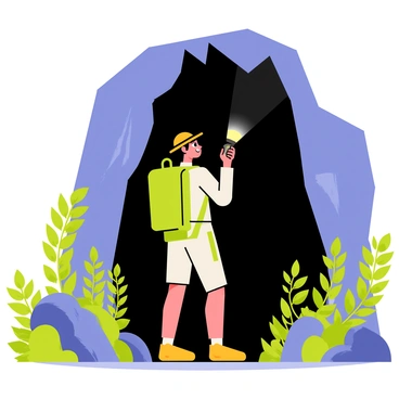 An explorer standing at the mouth of a cave, wearing a green backpack and a brown hat. The cave entrance is dark and jagged, contrasting with the light outside. The explorer holds a flashlight in one hand, shining it into the cave, while the other hand rests on their hip. Lush greenery surrounds the cave entrance, with tall ferns and moss-covered rocks. The explorer's expression shows determination as they prepare to delve inside the mysterious cave.
