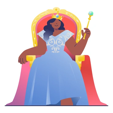 A regal queen with deep brown skin and long, flowing black hair is sitting confidently on an ornate golden throne. She is wearing an elegant blue gown adorned with intricate silver patterns. On her head rests a sparkling crown, embellished with gemstones. In her right hand, she holds a golden scepter, which features a large, radiant jewel at the top. The throne is surrounded by rich red velvet drapes and golden accents, enhancing the majestic atmosphere of the scene.