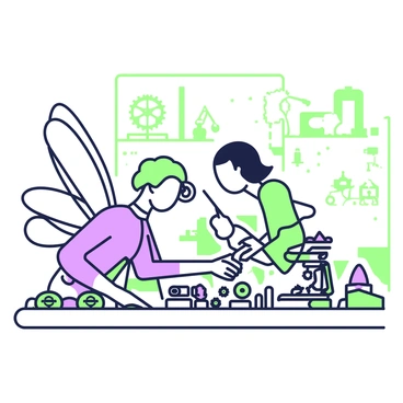 A fairy is working intently on a tiny invention. She has delicate wings that shimmer slightly as she leans over her workbench. Surrounding her are various small gears and tools scattered across the surface. On the table, there is a partially assembled device that features intricate moving parts. The fairy is holding a small wrench in her right hand, using it to tighten a gear. In the background, there are blurred shelves filled with other tiny inventions and mechanisms, creating a sense of a workshop. The atmosphere is filled with an air of creativity and focus as she concentrates on her project.