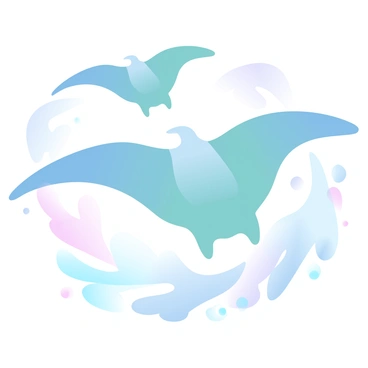 Manta rays gliding gracefully through water, their wings spread wide. The rays are depicted in varying shades of blue and green, creating a sense of movement. Below them, vibrant ripples form in a spectrum of colors, blending seamlessly into one another. The ocean is filled with a gradient of soft pastel hues, enhancing the tranquil environment. Light reflects off the surface, adding depth to the scene.