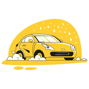 A car driving down a wet road with raindrops hitting the windshield