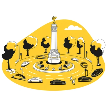 A busy city roundabout with multiple lanes filled with cars of various shapes and sizes driving in different directions. In the center of the roundabout stands a tall monument featuring intricate designs and decorations. Surrounding the monument are lush green trees and well-maintained flower beds adding detail to the scene. Road signs are positioned around the roundabout, and pedestrians can be seen waiting at the crosswalks. The sky above is clear, emphasizing the activity of the city below.