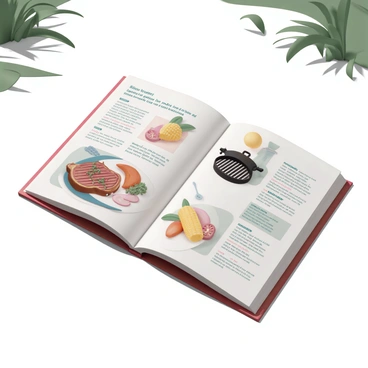 An open BBQ cookbook lying on a wooden table. The pages of the cookbook are filled with colorful illustrated recipes, showcasing various grilled meats and vegetables. One page features a vibrant illustration of a grilled steak with herbs, while another page displays a recipe for barbecued corn on the cob. There are clear, visual grilling tips alongside the recipes, including images of essential tools like tongs and a grill. The background includes hints of a sunny outdoor setting, with green grass and faint outlines of trees.