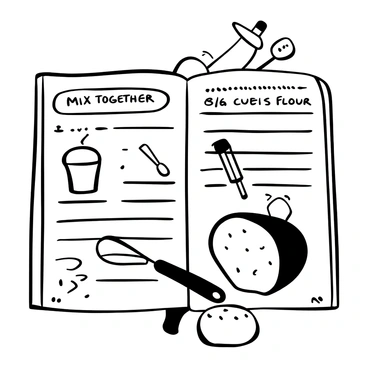 A detailed cookbook page displaying a recipe with the title "Delicious Bread" at the top. The recipe includes the instruction "Mix together 8/6 cups of flour" prominently highlighted. Underneath, there are neatly organized sections with additional ingredients listed, such as "water", "salt", and "yeast". The layout features cooking utensils like a whisk and measuring cups scattered around. A small illustration of a loaf of bread is placed at the bottom of the page, enhancing the theme of baking.