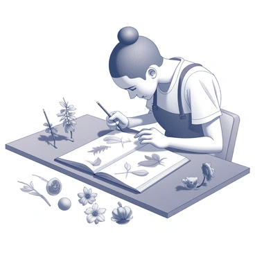 An artist sitting at a wooden table, focused on sketching various types of tea leaves and flowers. The artist holds a pencil in one hand, while leaning over a sketchbook that displays intricate drawings. On the table, there are several tea leaves spread out, showcasing different shapes and sizes, including elongated leaves and rounded ones. Nearby, delicate flowers are arranged, each one detailed to reflect its unique structure. The artist's attention is captured by a particular flower, as they add fine lines to the sketch to highlight its features. Surrounding the scene are soft shadows, emphasizing the tranquility of the setting.
