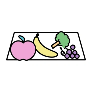 A rectangular mat, featuring a variety of "fruits" and "vegetables" arranged artistically. The mat displays a vibrant "red apple," a ripe "banana," a cluster of "grapes," a bright "carrot," and a fresh "broccoli," all in a balanced layout. Each item is outlined with clean lines, emphasizing their shapes and colors. The overall appearance promotes a theme of "healthy living" and "nutrition," making the mat visually appealing and informative.