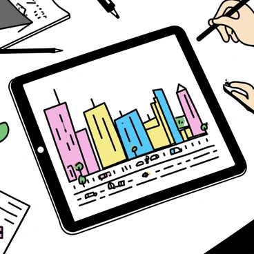 A workspace featuring a digital drawing tablet displaying a vibrant urban cityscape illustration in progress. The screen shows intricate details of stylized skyscrapers with varying heights and geometric shapes. Below the skyline, lively streets are depicted with small figures walking, cars, and trees. The drawing tablet is surrounded by art supplies, including pens and a sketchbook, adding to the creative atmosphere. The artist’s hand is visible, carefully working on the details of the illustration.