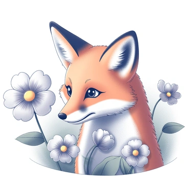 A close-up of a fox's face, showcasing its sharp features and attentive expression. The fox has distinct bright orange fur, with its ears perked up as it gazes at its surroundings. Surrounding the fox are various flowers in full bloom, with intricate details visible on the petals and leaves. The flowers display a range of shapes and sizes, enhancing the lively scene. The background features a soft blur of greenery, suggesting a vibrant springtime atmosphere.