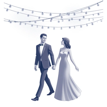 A couple dressed in evening wear, walking hand-in-hand under a canopy of twinkling lights