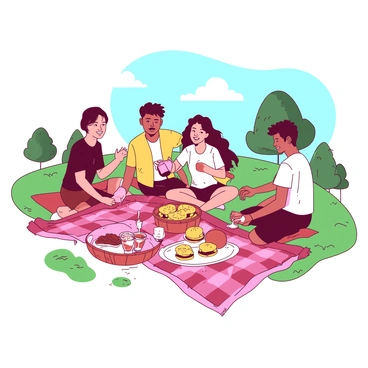 A group of friends sits on a grassy hilltop, surrounded by a vibrant landscape. There are five individuals, each with a unique appearance. Two of them are sharing a large checkered blanket, which is spread out on the ground. On the blanket, there are various picnic items, including a basket that contains several croque monsieur sandwiches arranged neatly. One friend is holding a sandwich and smiling, while another is pouring drinks into glasses. In the background, there are a few trees and a clear blue sky, enhancing the joyful atmosphere of the picnic.