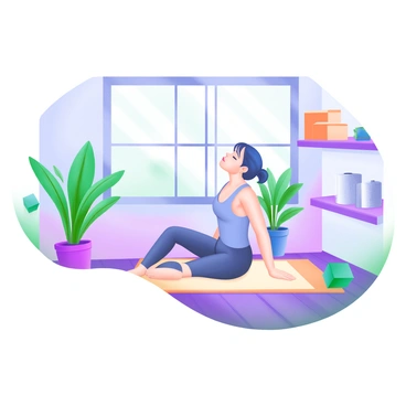 A peaceful yoga studio featuring a person practicing gentle yoga stretches. The individual is positioned on a soft, light-colored mat, demonstrating a neck stretch that promotes relaxation. Surrounding the individual are potted plants with lush green leaves, adding a natural touch to the environment. Soft natural light filters through large windows, casting gentle shadows on the wooden floor. The walls are painted in calming pastel hues, enhancing the serene atmosphere. On a nearby shelf, yoga props such as blocks and straps are neatly organized.