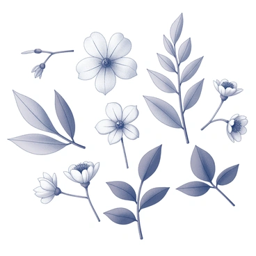 A monochrome drawing featuring an arrangement of intricate leaves and flowers. The leaves display various shapes and textures, with fine veins clearly defined. The flowers exhibit delicate petals, each with distinct patterns and structures. Some flowers are fully bloomed, while others are in bud form, indicating different stages of growth. The composition is balanced, with leaves and flowers thoughtfully interspersed throughout the design. The overall layout emphasizes natural beauty and botanical accuracy.