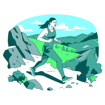 A teal runner is moving swiftly along a rugged rocky path on a mountain trail. The runner is wearing a light grey athletic outfit and has a determined expression. Surrounding them are jagged grey rocks and patches of green foliage. In the background, a wide expanse of the valley stretches out, showcasing a landscape of rolling hills and scattered trees under a blue sky. The sunlight casts dynamic shadows across the scene, enhancing the textures of the rocks and the vibrant greenery.