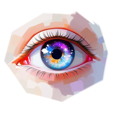 An eye with a detailed and realistic appearance, featuring a "galaxy" swirling within the "iris." The iris displays vibrant colors, with deep blues, purples, and hints of sparkling white stars. The pupil is perfectly round and black, contrasting against the cosmic scene within. Around the eye, the skin is smooth and lightly illuminated, highlighting the intricate patterns and textures of the iris. Subtle reflections of light create a sense of depth, enhancing the ethereal beauty of the galaxy as it spirals within.