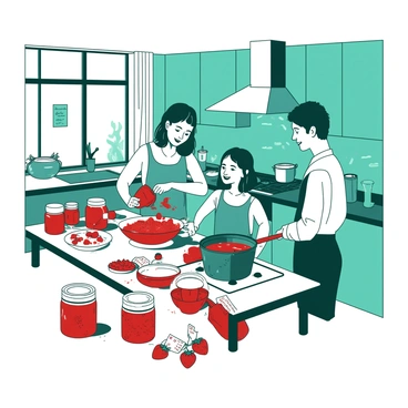 A teal kitchen filled with sunlight, where a family is gathered around a wooden table. On the table, there are several jars filled with bright red homemade jam. In the center, a young girl is pouring freshly picked strawberries into a large bowl. Beside her, a woman is stirring a pot on the stove, the contents bubbling gently. A man is carefully labeling the jars with handwritten tags. There are fresh strawberries scattered across the table, and a couple of empty jars waiting to be filled. The atmosphere is lively and filled with smiles as they work together.