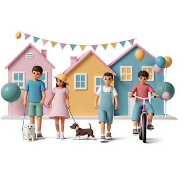 Several children walking their pets along a lively street in a colorful neighborhood. A boy, wearing a bright blue t-shirt and green shorts, pulls a small fluffy white dog on a blue leash. Next to him, a girl dressed in a pink dress with a yellow sun hat walks a playful beagle. Another child, wearing a red shirt and denim overalls, rides a bicycle decorated with colorful streamers while a playful kitten follows closely behind. The backdrop features vibrant houses in various colors, with balloons and banners adorning the street, creating a festive atmosphere.