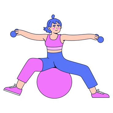 A person performing lateral raises while seated on a stability ball. The individual has a focused expression, demonstrating balance and core strength. Their arms are extended out to the sides, holding dumbbells, with the elbows slightly bent. The background is simple, emphasizing the action and stability of the person on the ball. The stability ball is a vibrant color, and the floor beneath is a plain surface. The person's athletic attire is form-fitting and colorful, accentuating their movement.