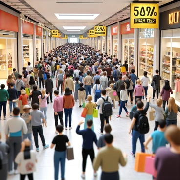 A crowded mall filled with shoppers of various ages and ethnicities. The scene includes people carrying shopping bags in a variety of colors and styles. There are large, brightly colored discount signs above the store entrances, displaying percentages like "50% OFF" and "SALE!" in bold lettering. Shoppers are seen browsing merchandise, talking to friends, and enjoying the shopping experience. Some individuals are gathered in front of a store window, pointing at displayed items. The atmosphere is lively and bustling with activity.