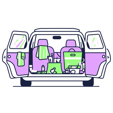 A white car is parked with its doors open, revealing a disorganized interior. Inside, there are several beach towels draped over the seats, featuring a variety of patterns and colors. A pair of flip-flops are lying on the floor mat next to a vibrant beach bag filled with sunscreen and a water bottle. A beach umbrella is leaning against the passenger seat, partially tucked in. In the backseat, a cooler is visible, surrounded by a few sand-covered toys such as a bucket and a shovel. Sunlight streams in through the open windows, creating a relaxed atmosphere inside the vehicle.