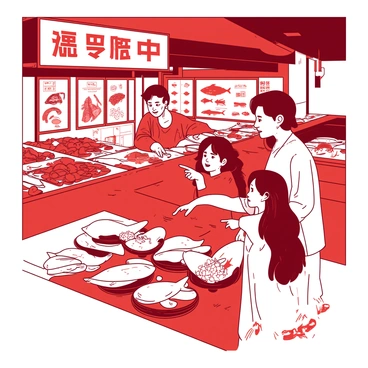 A red fish market bustling with activity, featuring various stalls filled with fresh seafood. A diverse family is at the center of the scene, with two children excitedly pointing at different types of fish displayed on the counter. The children have wide eyes and joyful expressions, while the parents are smiling and engaged in the experience. The stalls around them showcase a variety of seafood, including colorful fish, crabs, and shrimp, creating a lively atmosphere filled with vibrant colors.