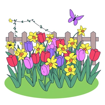 A lush garden filled with colorful tulips and bright yellow daffodils in full bloom. The tulips display a variety of colors, including red, pink, and purple, while the daffodils add vibrant yellow tones throughout the garden. The flowers are surrounded by green grass, and there are a few butterflies fluttering above, adding dynamic movement to the scene. In the background, a wooden fence can be seen, partially covered with climbing vines. The sky is clear, allowing sunlight to illuminate the garden.