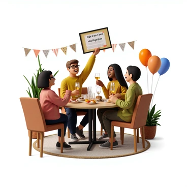 A small celebration party with friends gathered around, clinking glasses and admiring a digital illustration certificate.