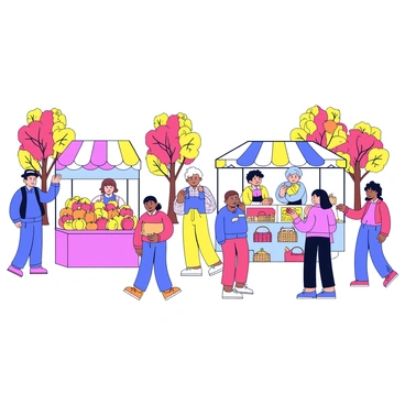 A lively harvest festival scene featuring several colorful stalls. One stall displays a variety of autumn produce such as pumpkins, apples, and squash, arranged in neat piles. Another stall showcases handmade crafts like woven baskets, colorful scarves, and pottery items. People of various ages are seen exploring the stalls, picking up items, and chatting with vendors. Trees in the background have leaves in vibrant fall colors, enhancing the festive atmosphere.