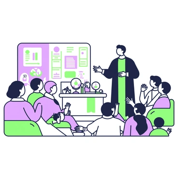 A pastor stands at the front of a church, actively engaging with the congregation. The pastor is wearing a black robe and a white collar. To the left, there is a large poster board displaying colorful illustrations and a pie chart. Next to the pastor, on a small table, various visual props are arranged, including a globe, a model of a family, and a picture of a tree. The congregation, consisting of diverse individuals of different ages, is seated in rows, attentively listening and observing. Some members are taking notes while others are nodding in agreement. The atmosphere in the church is one of active participation and learning.