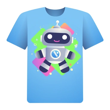 A cute robot with a metallic silver body and large, round eyes is featured prominently on a futuristic t-shirt. The robot has a friendly expression, with a slight smile and raised eyebrows. The t-shirt is a vibrant shade of blue, and the design of the robot is centered on the chest area, surrounded by abstract geometric patterns in shades of neon green and purple. The robot's arms are outstretched as if inviting a hug, and there are small stars and sparkles around it to enhance its friendly demeanor.