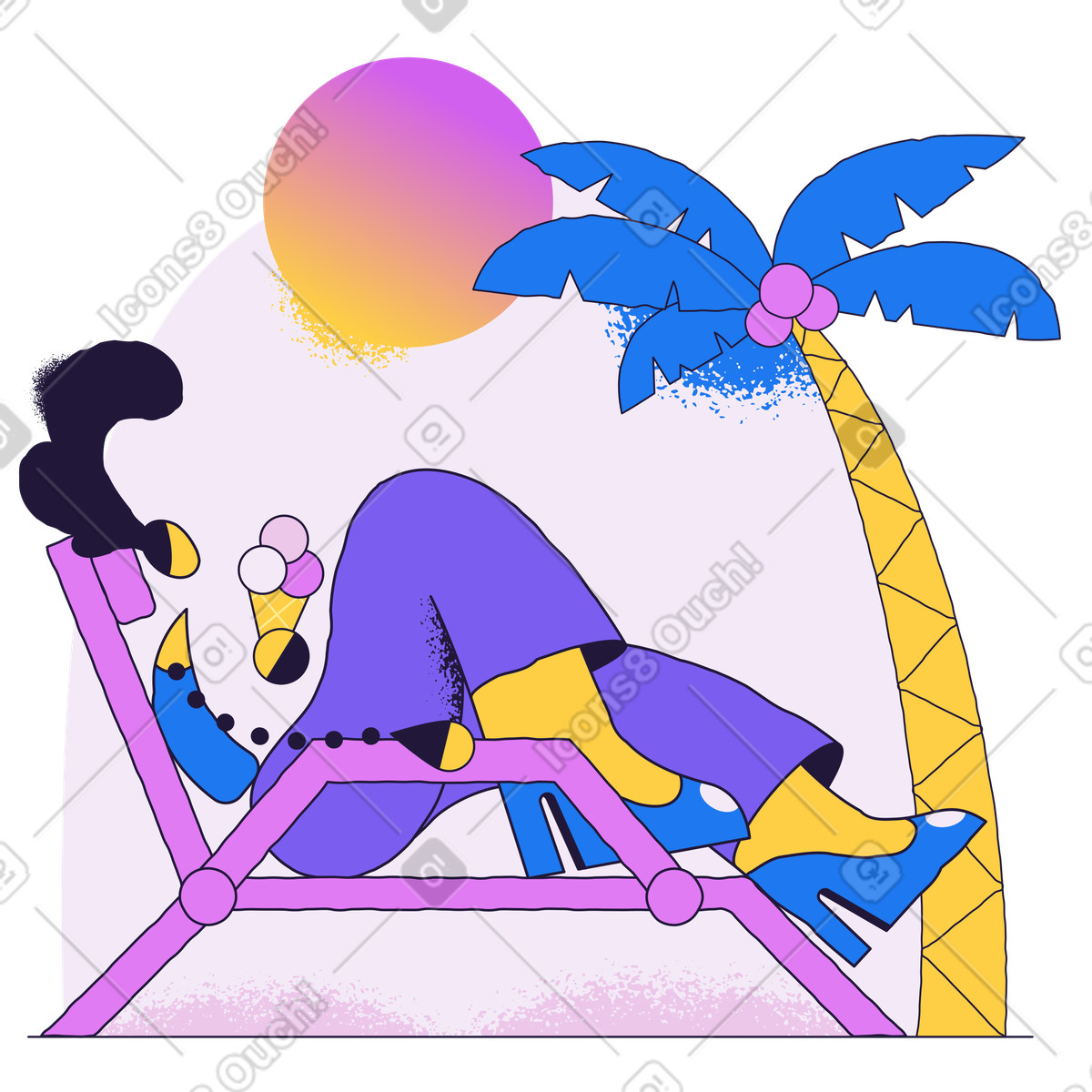 Ilustração de Mulher tomando sorvete deitada em uma espreguiçadeira no estilo Conifer para baixar PNG, SVG
