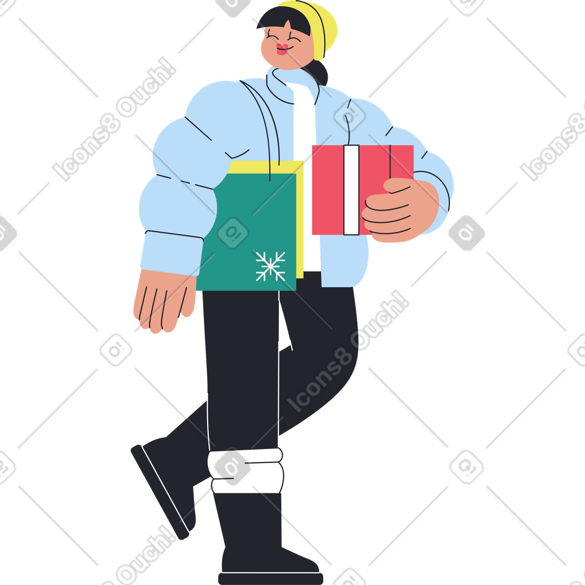 下载 Boba 风格的 穿着冬装的女人带着礼物走路 插画，支持 PNG、SVG 格式