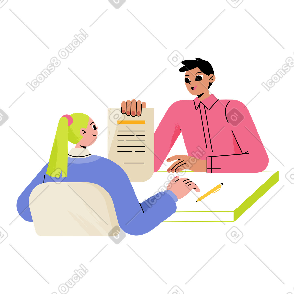 Man and woman sign a contract illustration in Juicy style download in PNG, SVG