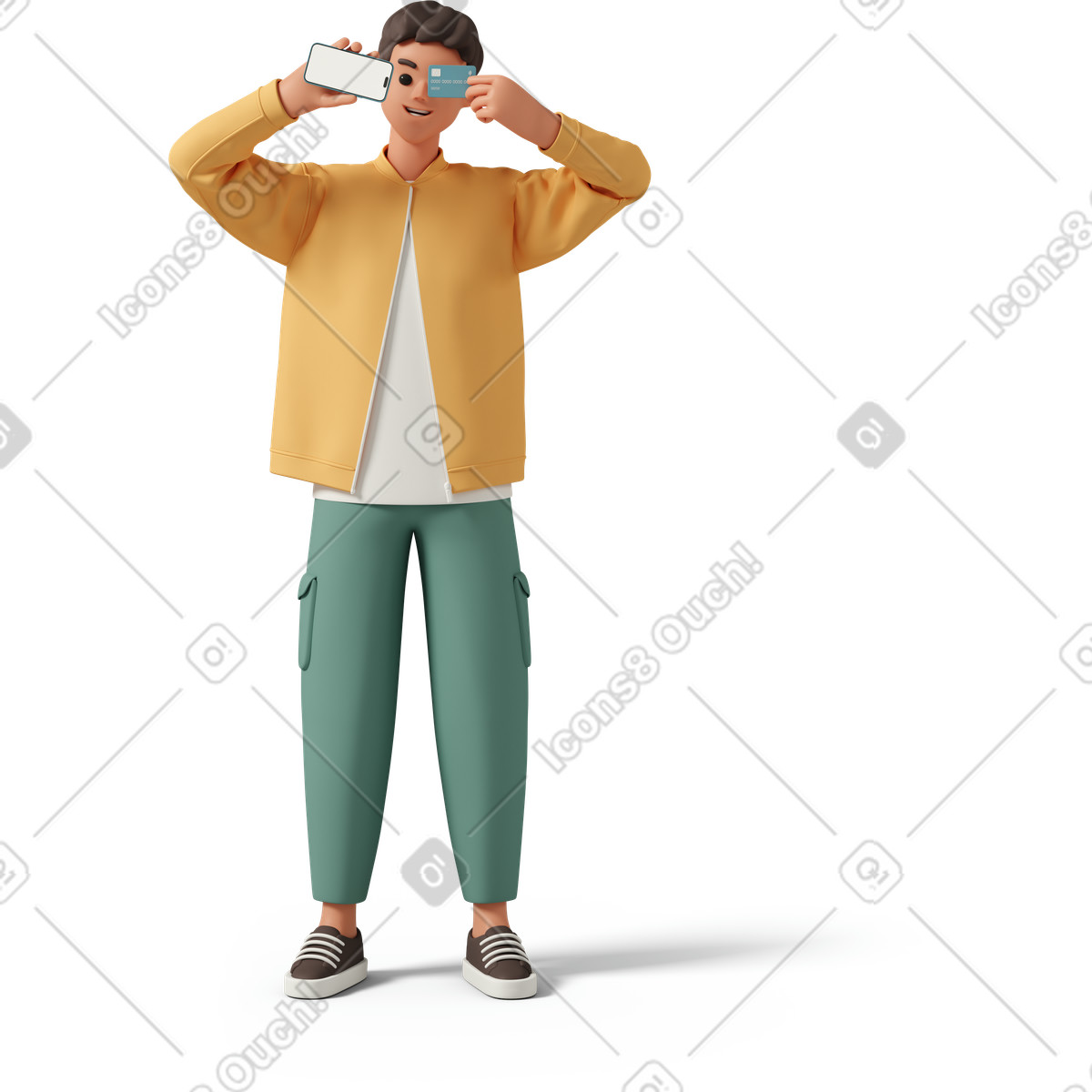 Illustration Holding phone and credit card, mobile payments online shopping dans le style 3D Casual life à télécharger aux formats PNG, SVG