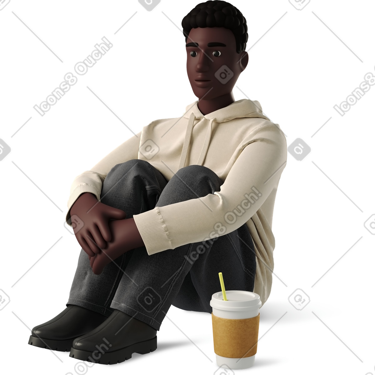 Ilustração de Homem sentado no chão ao lado uma xícara café em estilo 3D Business para baixar em PNG, SVG