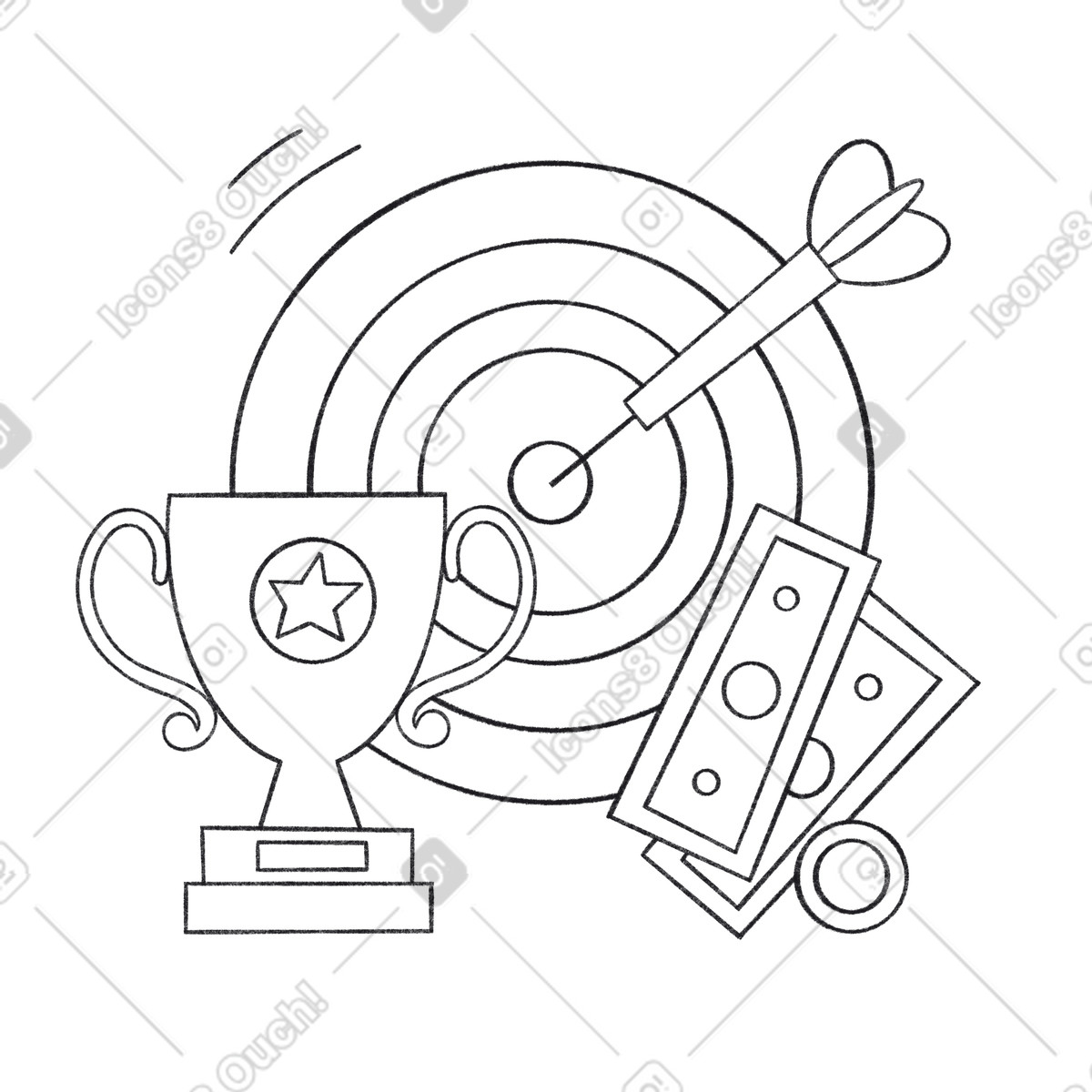 Target with money and a gold cup representing success illustration in Bonbon Line style download in PNG, SVG