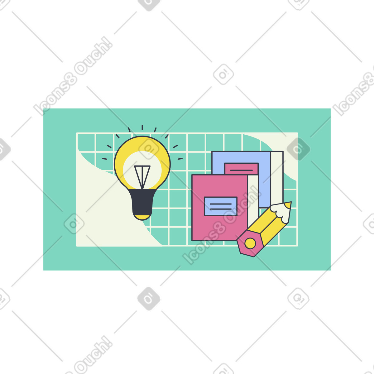 Books, pencil, and lightbulb, Educational creativity and brainstorming illustration in PNG, SVG