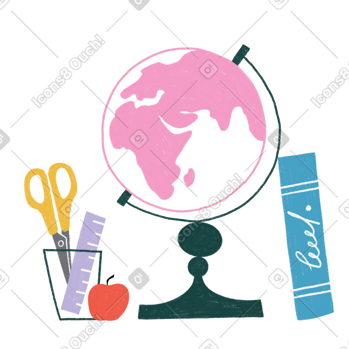 Ilustración School supplies globe book and stationery en estilo Tutti a descargar en PNG y SVG
