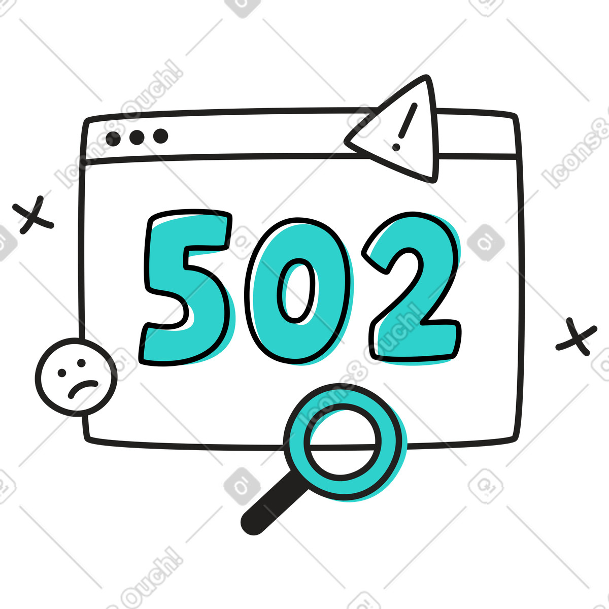 Ilustración Error 502 de puerta enlace incorrecta con lupa y navegador en estilo Little a descargar en PNG SVG