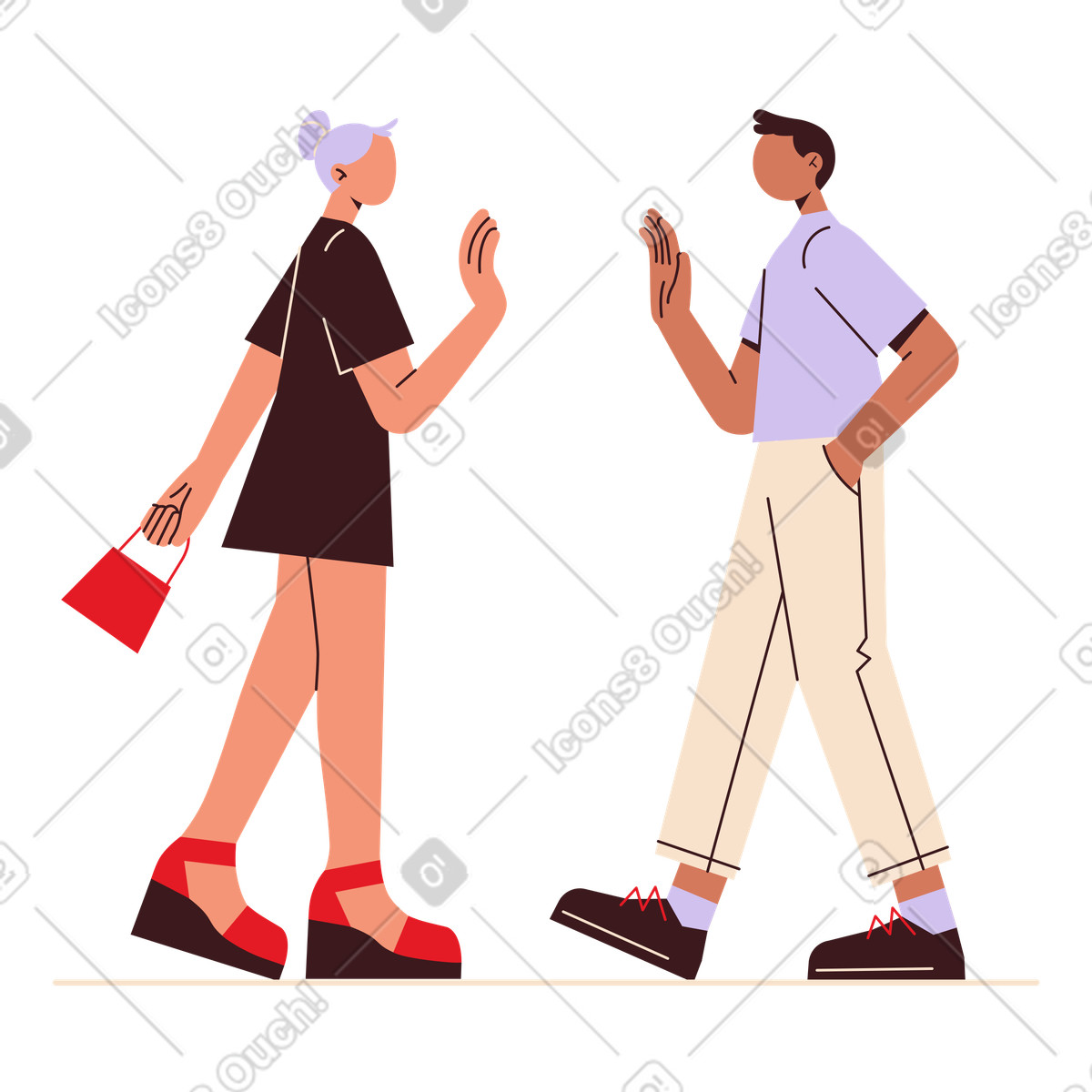 下载 Folks 风格的 Friends greet each other with raised hands while walking, Friendly meeting or social interaction 插画，支持 PNG、SVG 格式