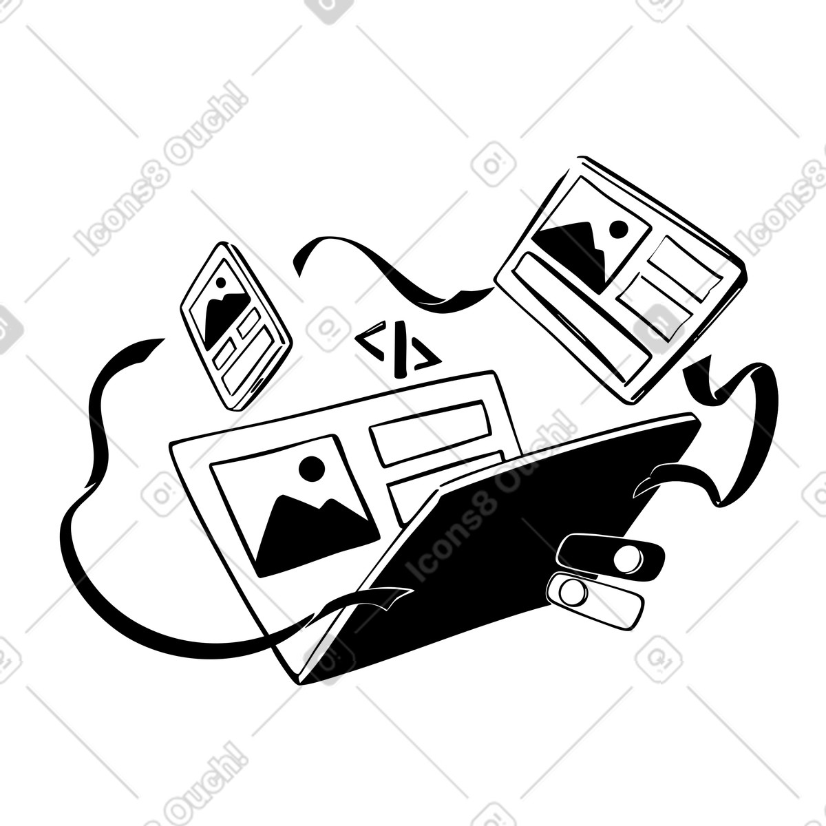 Dispositivi mobili sincronizzati, compatibilità multi-dispositivo, esperienza utente multipiattaforma illustrazione in stile Line scarica in PNG, SVG