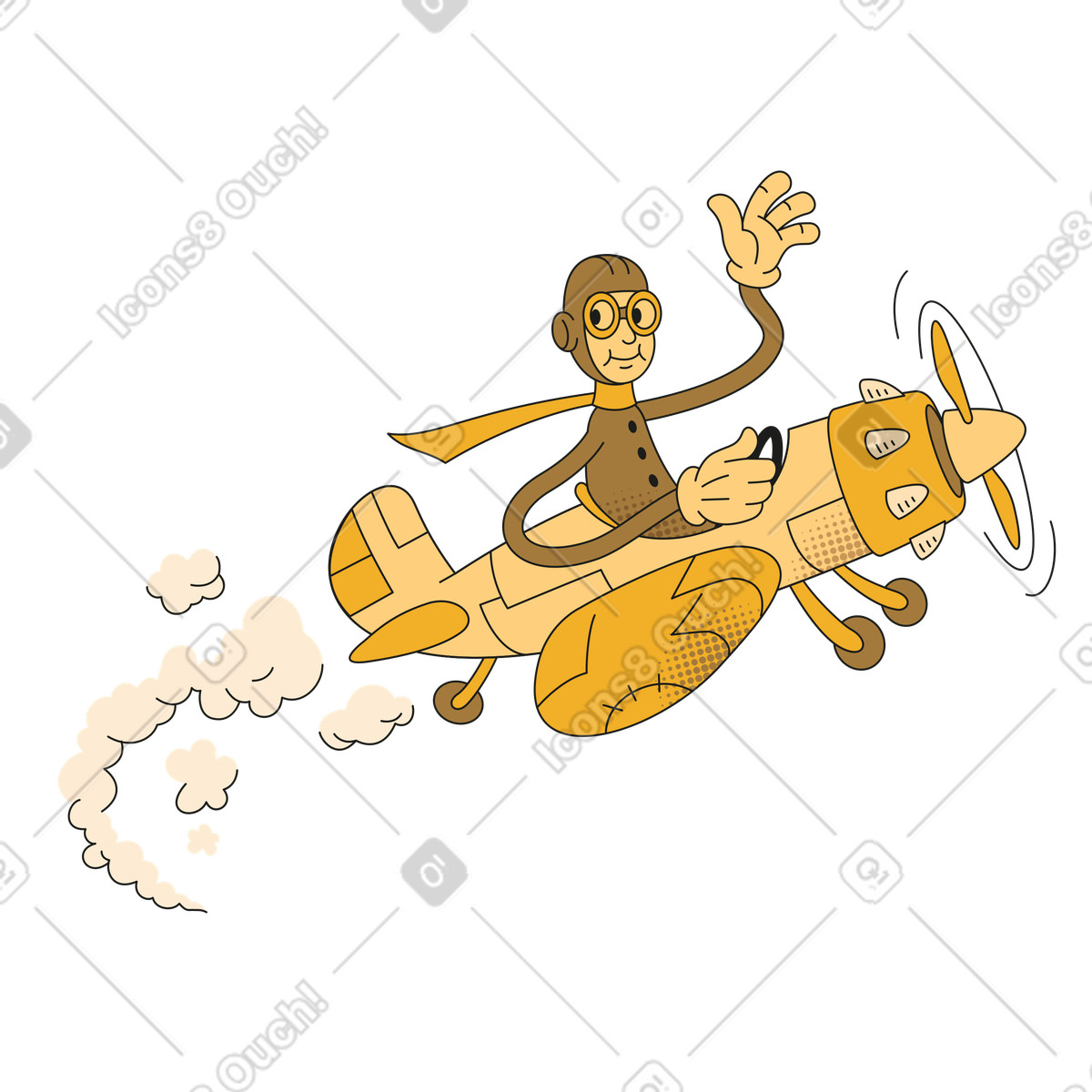 Pilot in retro plane waving, Adventure awaiting, Coming soon illustration Rubber style download PNG, SVG