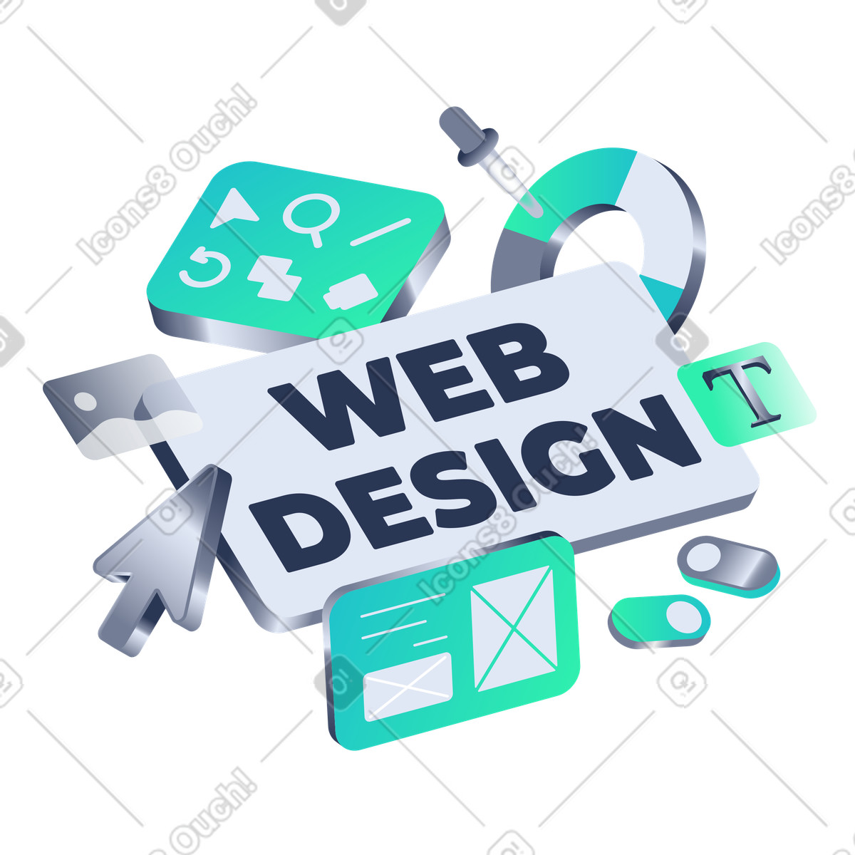 Buttons and icons around Web Design text, UI UX process illustration in Lucent style download in PNG, SVG