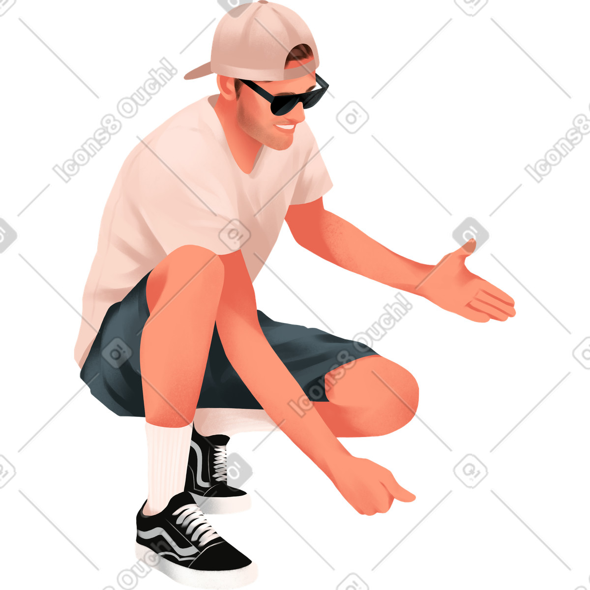 Ilustração de Man is squatting and holding something em no estilo Demure para baixar em PNG, SVG