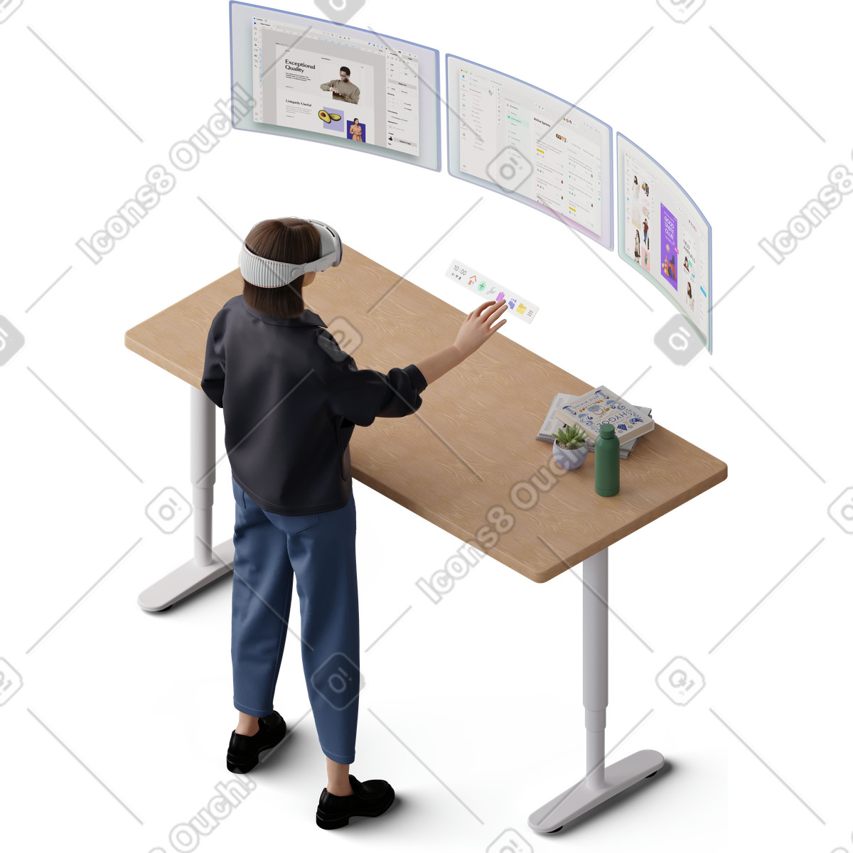 3D Hygge 스타일의 Isometric view of young woman working at the table wearing vr glasses mask 일러스트레이션 PNG, SVG 다운로드