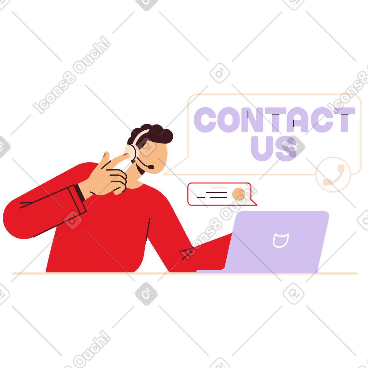Folks 스타일의 Helpdesk agent using headset and laptop, Online support or contact center 일러스트레이션 PNG, SVG 다운로드