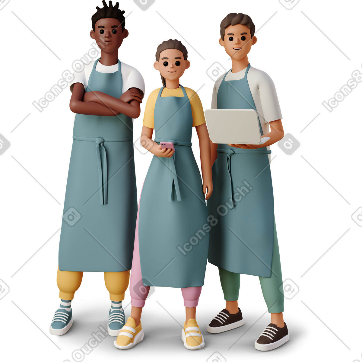 Ilustración Young people in the aprons with gadgets en estilo 3D Casual life a descargar en PNG y SVG